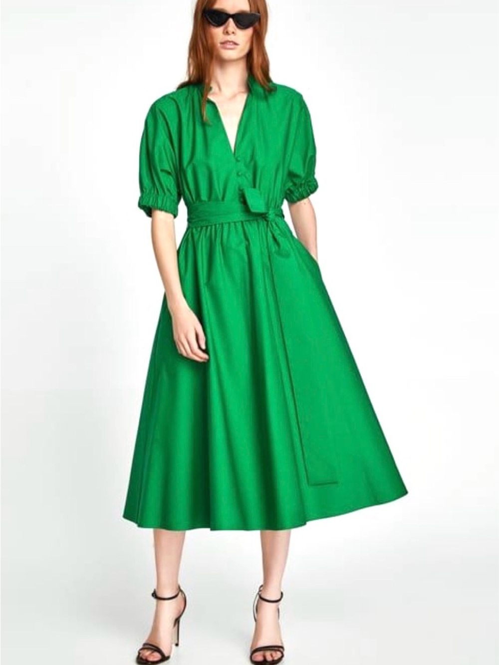 Zara M Emerald Green 100% Cotton Poplin Midi Dress Voluminous Sleeves 4437/057